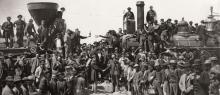 Central Pacific Railroad Company of California President Leland Stanford taps the Golden Spike